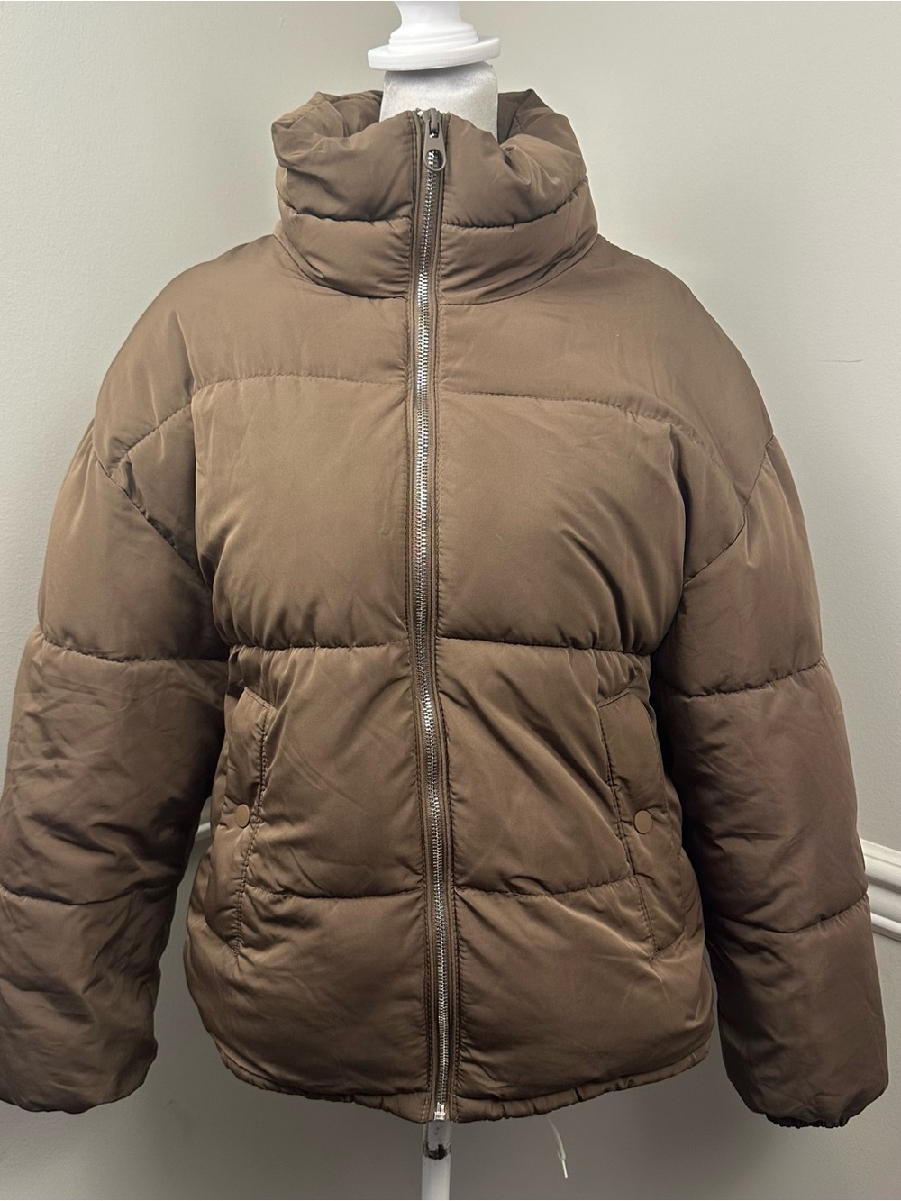 Pull&Bear Brown Puffer Jacket with High Collar S